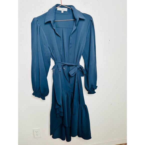 OSMAN YOUSEFZADA Blue Twill Ruffle Button Front Parachute Sleeve Shirt Dress 8 - Picture 3 of 15